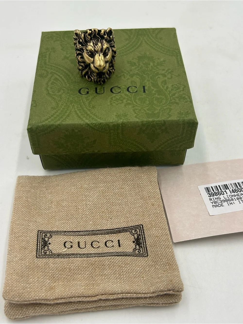 Unisex Gucci, iconic Lionhead ring gold tone brass finish size 6, made Italy
